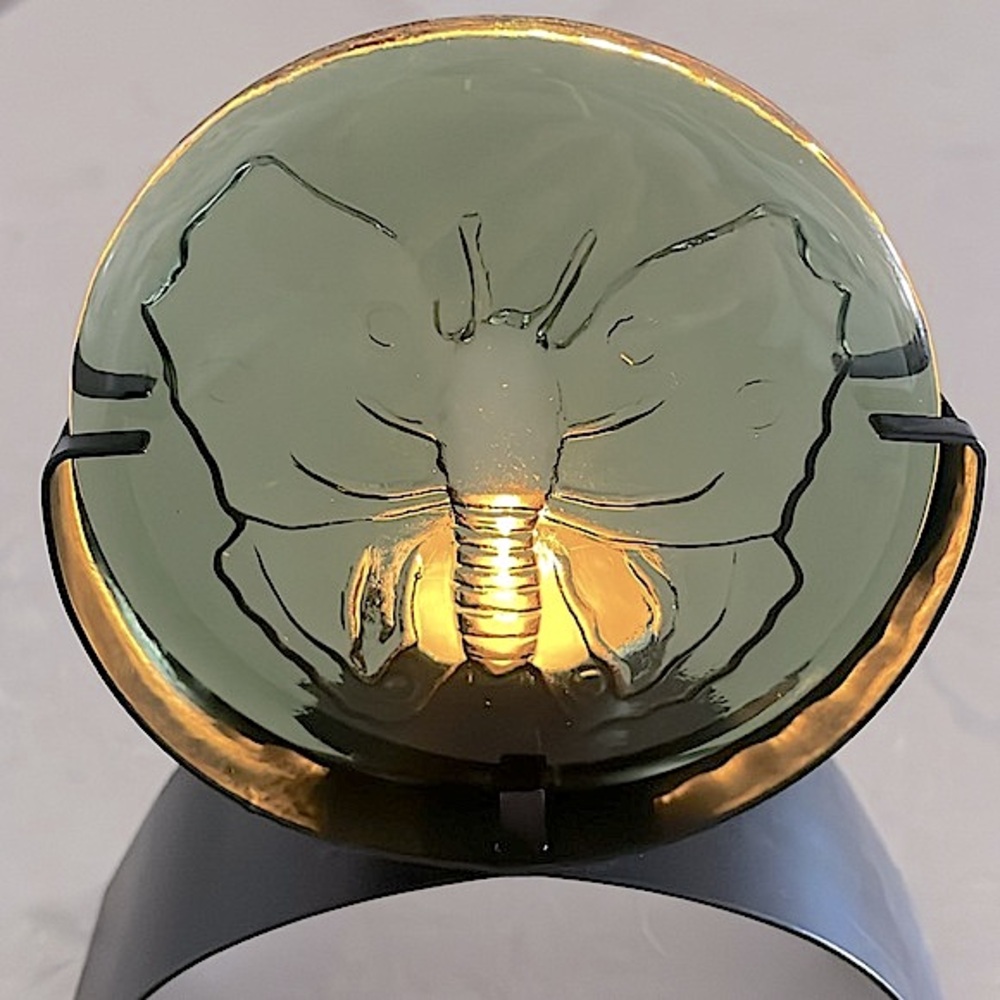 Butterfly, Embossed Green Glass, Tea light Stand